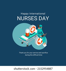 Cartoon Nurse Graphic Vector Illustration, Pills, Hospital Bed, Text. Top View, Perfect For Background, Hospital, Health Business, Social Media And Commemorate International Nurses Day