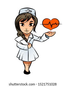Cartoon nurse  holding a red heart and patient chart in hand. Vector illustration EPS10 isolated on white.