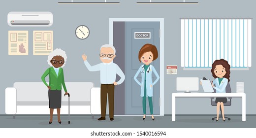 Cartoon Nurse At Hospital Reception Desk In Clinic. Caucasian Female Doctor In Uniform Standing Near Happy Elderly Patient. Old People After Taking A Doctor In Hospital,health Care Concept.Flat Vector