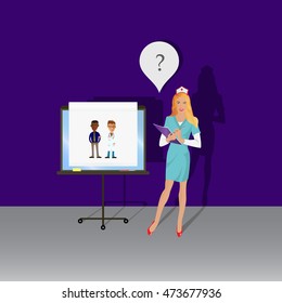 Cartoon nurse making a presentation. Vector illustration. Nurse wrote in the document. Illustration of Young Doctor with sign.