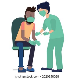Cartoon nurse and man wearing a face mask getting vaccination shot injection.
