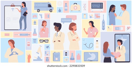 Cartoon nurse and patient, ambulance car, science microscope, stethoscope and thermometer in geometric collage background. Doctor characters and medical diagnostic equipment set vector illustration