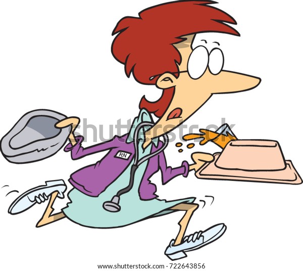 cartoon nurse running with a bedpan in one hand and\
a food tray in the\
other