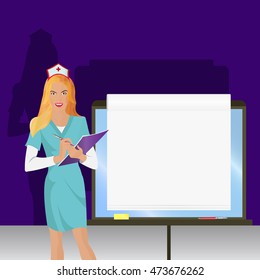 Cartoon Nurse showing blank clipboard sign for presentation. Nurse wrote in the document. Vector illustration.