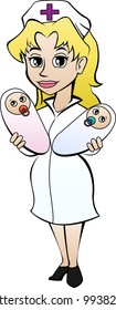 Cartoon nurse with two toddlers