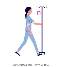 Cartoon Nurse Walking With IV Bag Full Of Blood On IV Pole, Doctor Assistant In Light Blue Uniform Rolling Infusion Equipment - Isolated Flat Vector Illustration