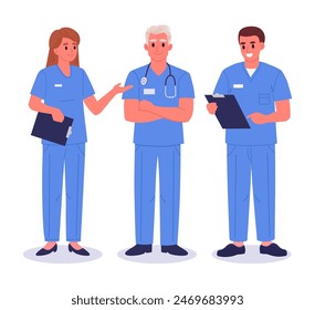 Cartoon-Krankenschwestern. Krankenschwestern und Krankenschwestern in professioneller Uniform mit Zwischenablagen in den Händen, medizinische Klinikmitarbeiter flach Vektorillustration Set. Krankenhauspersonal