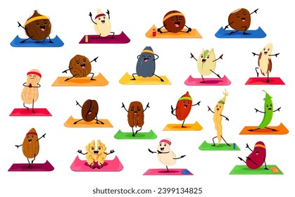 Cartoon nut and bean characters on yoga fitness. Vector coconut, pumpkin or sunflower seeds, macadamia or hazelnut. Peanut, walnut, pistachio and brazil. Almond, pecan, coffee or cashew personages