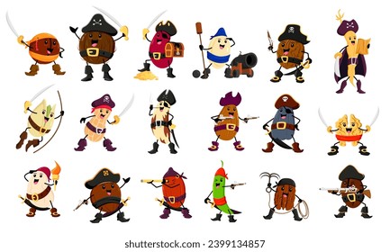 Cartoon nut, bean and legume pirate and corsair characters. Vector macadamia, coconut, kidney and pumpkin or sunflower seed. Walnut, soybean pod, pistachio and peanut. Brazil, almond or cashew grains