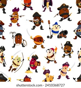 Cartoon nut, bean and legume pirate and corsair characters seamless pattern. Vector background with kidney, soy, macadamia or almond. Coconut, pistachio, peanut and pekan, coffee with pumpkin seed