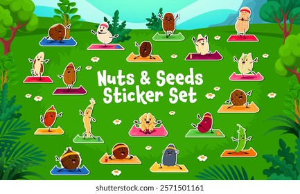 Cartoon nut characters on yoga fitness sport, stickers pack. Vector adorable seeds, grains, beans and pods practicing in yoga poses on mats in summer garden promote fitness, fun and healthy lifestyle