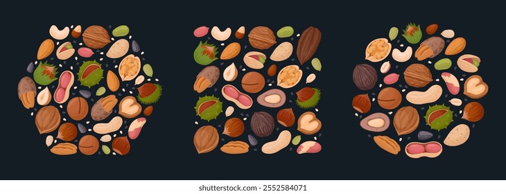 Molduras de nozes de desenhos animados. Bordas de nozes design, noz, avelã, amêndoa e pistache quadros de várias formas conjunto de ilustração vetor plano. Quadros de borda Nuts