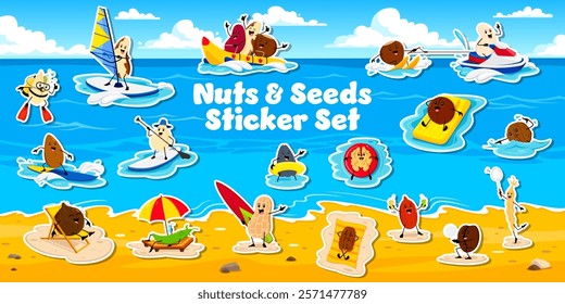 Cartoon nut and legume characters on summer beach, stickers pack. Vector brazil, almond, coconut and pumpkin or sunflower seeds. Walnut, kidney and hazelnut, macadamia, coffee grain, pecan and peanut