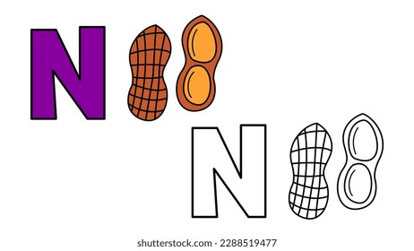 Cartoon Nut and letter N coloring book vector illustration for children