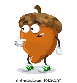 cartoon nut mascot showing himself on a white background
