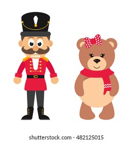 cartoon nutcracker and winter bear on a white background