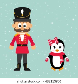 cartoon nutcracker and winter penguin 