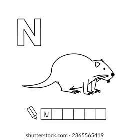 Cartoon nutria coloring pages. Learning game for small children - write a word in English language. Vector alphabet for kids