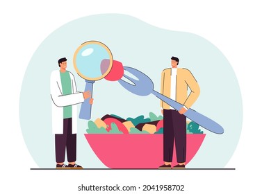 Cartoon nutritionist analyzing food of patient. Man with huge salad bowl, doctor with magnifier flat vector illustration. Nutrition, health, diet concept for banner, website design or landing web page
