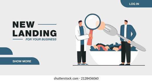 Cartoon nutritionist analyzing food of patient. Man with huge salad bowl, doctor with magnifier flat vector illustration. Nutrition, health, diet concept for banner, website design or landing web page