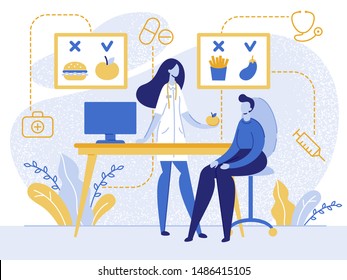 Cartoon Nutritionist Doctor With Apple Fruit In Hand Consult Patient Vector Illustration. Healthy Vegetables Vs Junk Food. Woman Dietician Advise Weight Loss Program. Meal Plan Health Eating