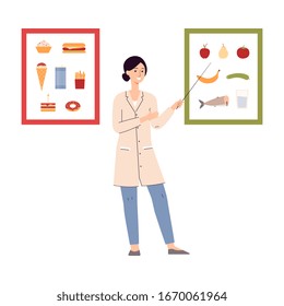 Cartoon nutritionist teaching nutrition lesson about good and bad food. Doctor woman pointing at healthy diet foods and junk food - flat isolated vector illustration.