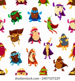 Cartoon nuts, bean and legume superhero characters seamless pattern. Vector background with kidney, soy, macadamia or almond. Coconut, pistachio, peanut and coffee with pumpkin seed brave super heroes