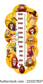 Cartoon nuts and beans warlock or wizard characters. Kids height chart ruler, vector meter. Magician and sorcerer personages coconut, walnut and cashew, macadamia, brazil, peanut, almond and beans