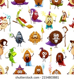 Cartoon nuts and beans wizards, mages and warlocks, vector seamless pattern background. Nuts magicians and sorcerers with magic wands, walnut with hazelnut and coffee bean, peanut and coconut