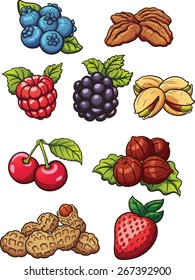 Cartoon nuts and berries. Vector clip art illustration with simple gradients. Each on a separate layer.