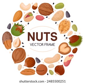 Cartoon nuts design. Nut snacks frame, hazelnut, walnut, almond and pistachio frame of polygon shape flat vector illustration. Nuts border frame