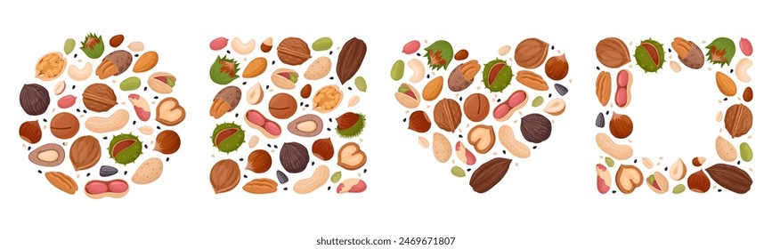 Cartoon nuts frames. Peanut, walnut, almond and pistachio circle, heart and square frames flat vector illustration set. Tasty nuts snacks geometric shapes