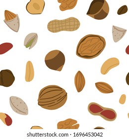 Cartoon nuts seamless pattern - peanuts, hazelnut, almond, pistachio, cashew, walnut, and pine nuts. Vector illustration on white background