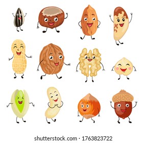 Cartoon nuts set. Cute characters, funny friendly walnut, pistachio, almond, hazelnut, macadamia, sunflower seed. Flat vector illustrations can be used for food, protein, vegetarian diet concept