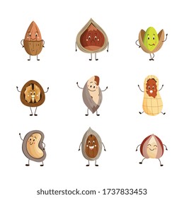Cartoon nuts set - happy and funny food characters isolated on white background. Walnut, peanut, pistachio and other brown nuts with facial expressions, vector illustration.
