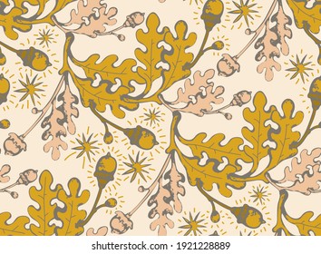 Cartoon oak branches with acorns and golden leaves. Seamless vector pattern.