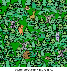 Cartoon Oak and fir trees seamless pattern background.Hand drawn sketchy fir forest.Fresh green trees.Fox,deer,hedgehog and hare in the thick forest