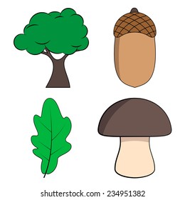 Cartoon Oak Tree, Oak Leaf, Acorn and Mushroom Set, Vector Illustration