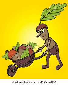 cartoon oak tree mascot pushing handcart with accorns autumn leaves season 