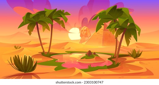 Cartoon oasis in sandy desert with ancient Egyptian pyramids, Sphinx statue, green palm trees and bushes around lake. Orange sunset reflection in water. Travel game background, mirage landscape