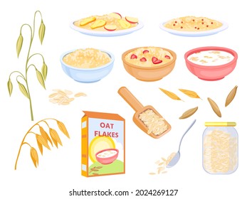 Cartoon oatmeal breakfast cereals, sweet flakes and grains. Oat plant and seed. Porridge with fruit in bowl. Healthy granola food vector set. Illustration of breakfast oatmeal, healthy porridge meal