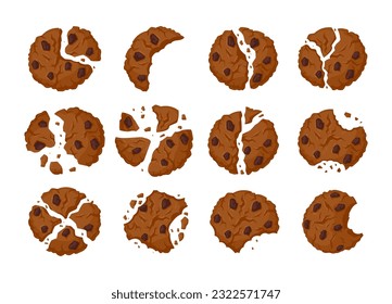 Piezas de galletas de avena de dibujos animados. Masa de galletas mordidas, rotas y con patatas fritas de chocolate. Joyas crujientes y rotas, conjunto de ilustraciones vectoriales planas