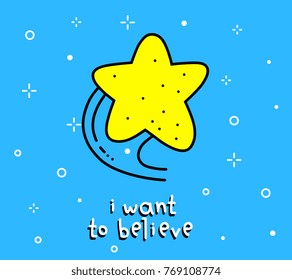 Cartoon object on blue sky background with text. Vector color illustration of big yellow star. Line art flat style hand drawn doodle design for web, site, banner