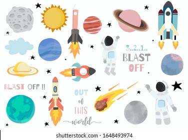 Cartoon object space collection with planet,astronaut,moon,sun.Vector illustration for icon,logo,sticker,printable,postcard and invitation