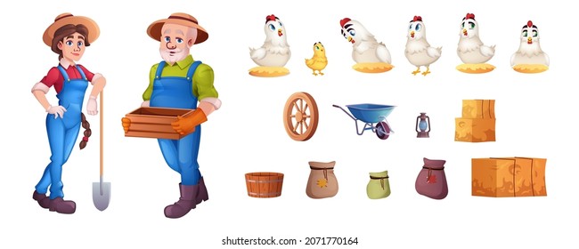 Cartoon objects set of garden tools, haystacks, hens and sacks isolated on white background. Farmers in hats with wooden box in hand and shovel. Chickens in straw nest. Agricultural production concept