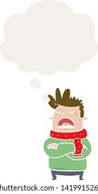 cartoon obnoxious man with thought bubble in retro style