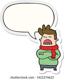 cartoon obnoxious man in winter clothes with speech bubble sticker