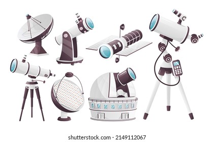 Cartoon-Beobachtungsstellen. Satelliten-Teleskop astronomisches Teleskop, Astronomen-Baudome, Raumkosmos-Planetarium, Nachtoptische Antenne für Sterne, Vektorgrafik des Entdeckungsteleskops