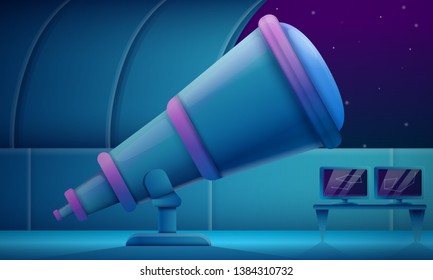 cartoon observatory with a telescope at night, vector illustration