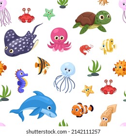 Cartoon ocean animal seamless pattern. Fun animals, tropical sea wildlife characters. Cute turtle, starfish and dolphin. Colorful garish childish vector print